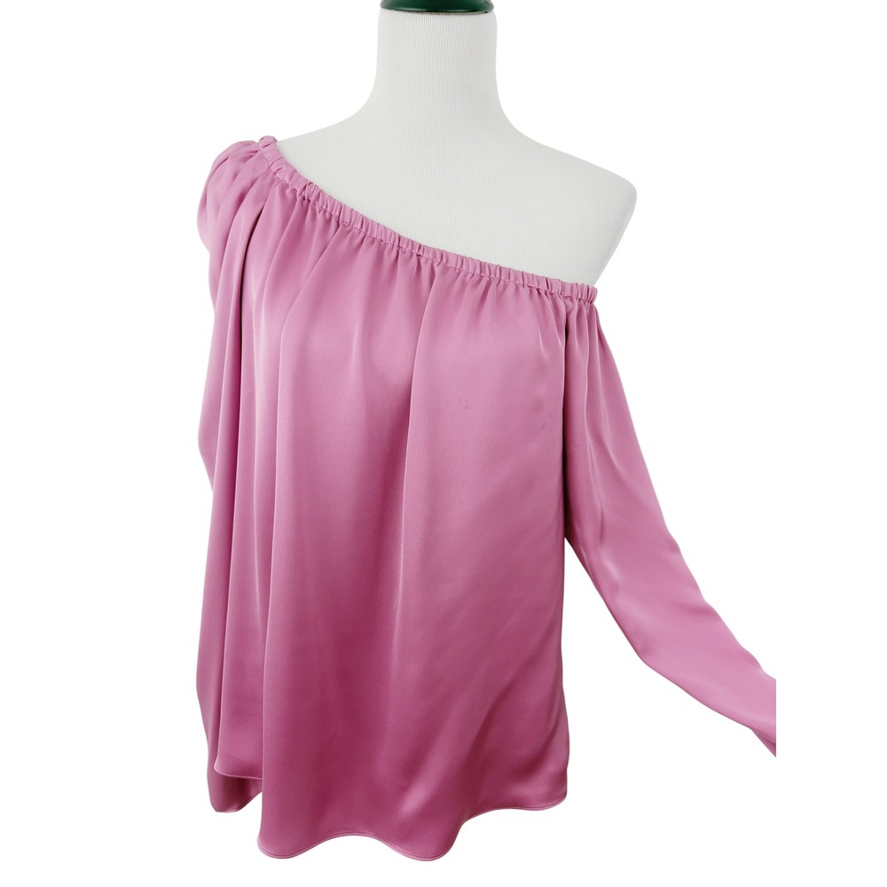 Ramy Brook Illeana One Shoulder Long Sleeve Blouse Size L Orchid Pink Satin